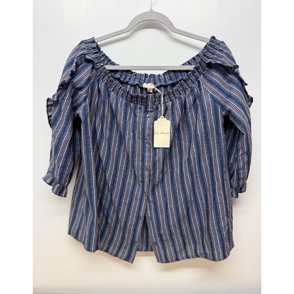 Hem & Thread Off Shoulder‎ Striped Boho Blouse Blue Smocked Top Women Large #31
